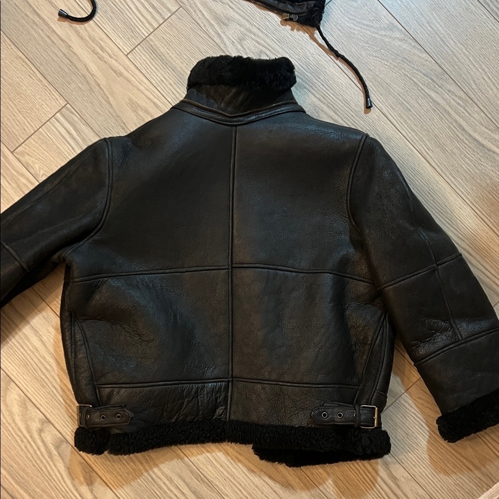 Black Shearling Leather Jacket with Removable Hood - Picture 9 of 11